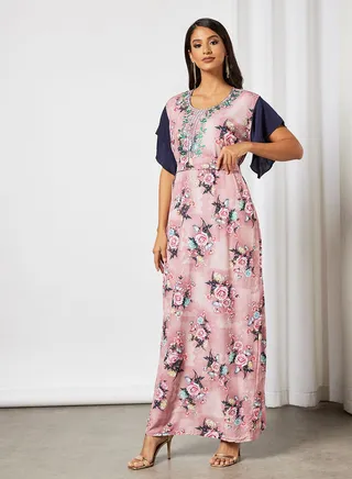 Floral Jalabiya With Embroidery In Short Sleeves With Belt 