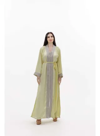 LONG CLASSY SIMPLE LIGHT YELLOW COLOUR FRONT LACE BUTTON LINING ARABIC KAFTAN JALABIYA DRESS 