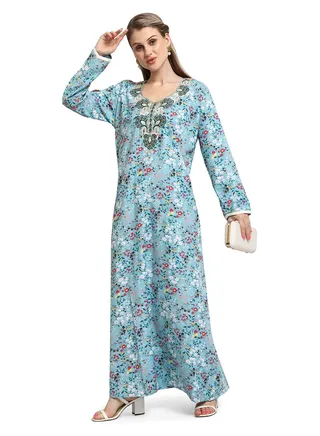MULTICOLOUR FLORAL PRINTED WITH EMBROIDERED ELEGANT ARABIC KAFTAN JALABIYA DRESS 