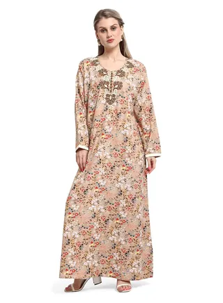 MULTICOLOUR FLORAL PRINTED WITH EMBROIDERED ELEGANT ARABIC KAFTAN JALABIYA DRESS 