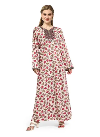 MULTICOLOUR FLORAL PRINTED WITH EMBROIDERED ELEGANT ARABIC KAFTAN JALABIYA DRESS 