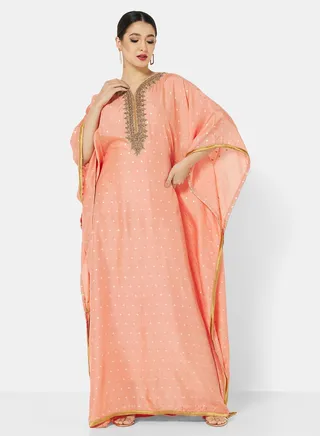 SHINY CHIFFON FABRIC WITH GOLD CRYSTAL STONE BEADING FARASHA JALABIYA 