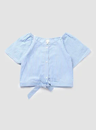 Girls Boat Neck Puff Sleeve Blouse Light Blue 