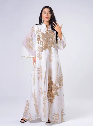 Best Gift Embroidered Abaya Dress For Women Moroccan Kaftan Turkey Arabic Jalabiya White Islamic Ethnic Robe Eid Ramadan White Color 