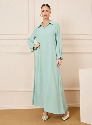 Solid Collared Puff Sleeve Jalabiya 