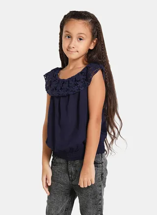 Casual Plain Frill Sleeve Blouse Top Navy 