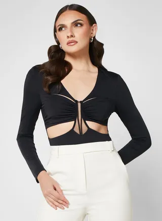 Cut Out Mesh Detail Bodysuit 