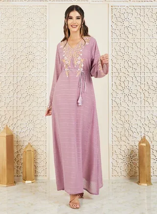 Embroidered Textured Jalabiya with Tie Up Cord