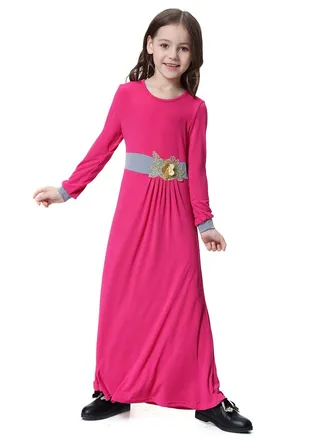 Girl's Round Neck Maxi Dress Robe With Long Sleeves Rose Pink 