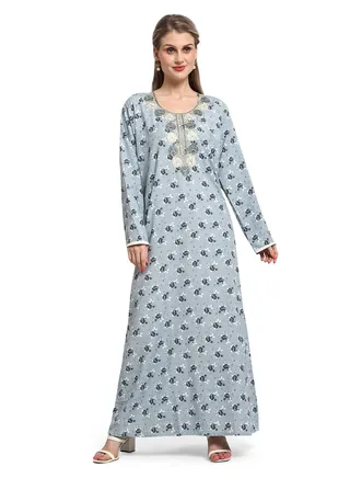 FLORAL PRINTED FRONT EMBROIDERY STYLISH ARABIC KAFTAN JALABIYA DRESS