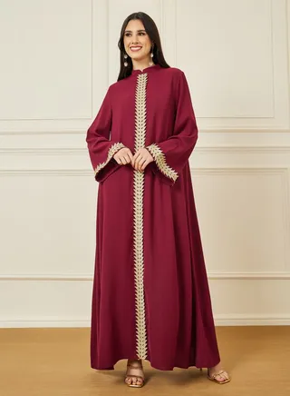 Embroidered Lace Panel Jalabiya with Collar 