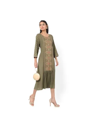 SHORT PRINTED CASUAL STYLE OLIVE GREEN COLOUR ARABIC KAFTAN JALABIYA DRESSES 