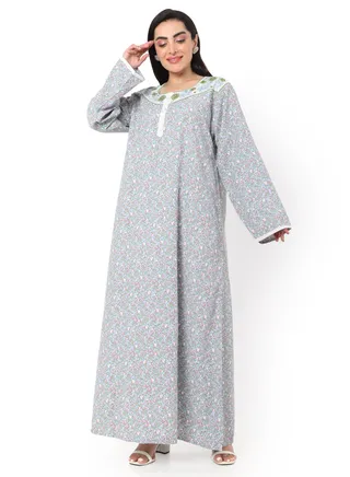 MULTICOLOUR SMALL FLORAL PRINTED AND EMBROIDERD ARABIC KAFTAN JALABIYA DRESS 