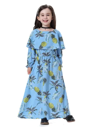 Girl's Printed Maxi Dress With Long Sleeve Sky Blue Mix 