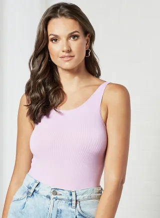 Ribbed Round Neck Bodysuit Light Purple 