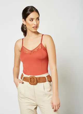 Lace Trim Bodysuit Pale Red 