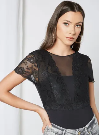 Lace Trim Bodysuit Black 