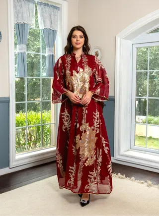 Best Gift Embroidered Abaya Dress For Women Moroccan Kaftan Turkey Arabic Jalabiya White Islamic Ethnic Robe Eid Ramadan Red Color 
