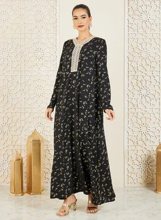 Foil Print Embroidered Lace Neck Jalabiya 