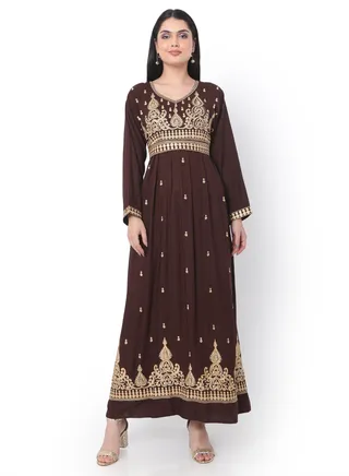 MODEST THICK EMBRODERED WITH LONG SLEEVES AND BELT DARK BROWN HIGH QUALITY STYLISH ARABIC KAFTAN JALABIYA DRESS 