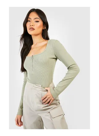 Zip Detail Square Neck Rib Bodysuit 