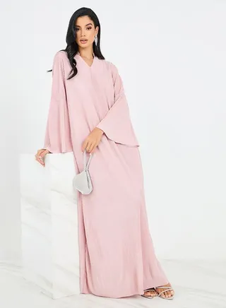 Notch Neck Plisse Jalabiya with Bell Sleeve 