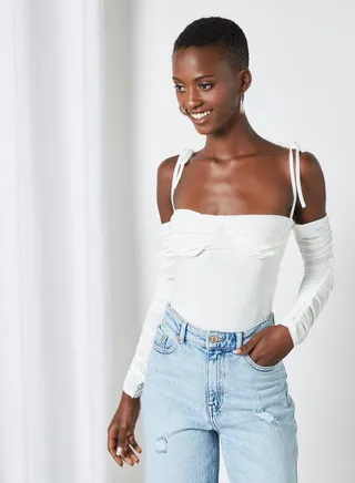 Tie Up Ruched Bodysuit Cream 