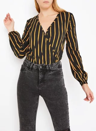 Striped Wrap Front Bodysuit Black/Yellow 