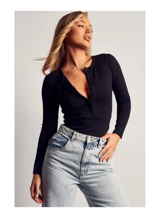 Soft Rib Button Front High Neck Bodysuit 