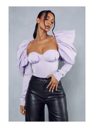 Premium Satin Extreme Puff Sleeve Bodysuit 