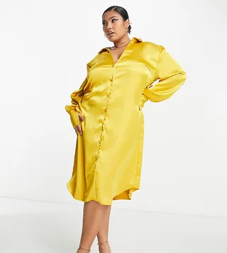 ASOS DESIGN curve slouchy satin plunge shirt midi dress in gold