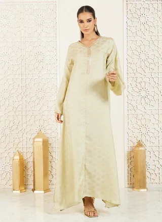 Embroidered Lace Neck Jacquard Print Jalabiya 