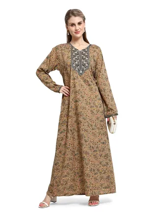 FRONT NECK EMBROIDERY AND PRINTED STYLISH ARABIC KAFTAN JALABIYA DRESS 