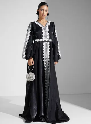 Lace Detail Moroccan Jalabiya With Belt 