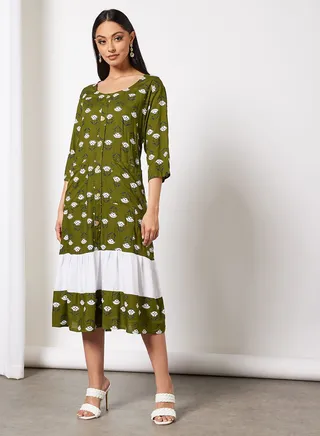 Casual Cotton Printed Round Neck All Over Jalabiya With Facemask For Women 