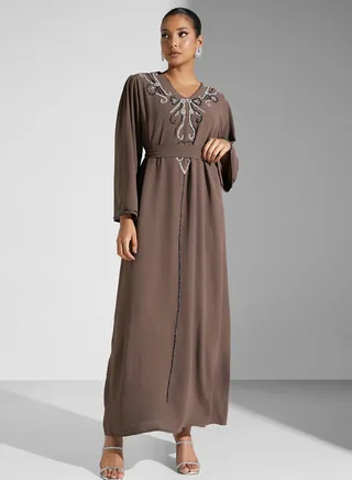 Embellished Belted Jalabiya 