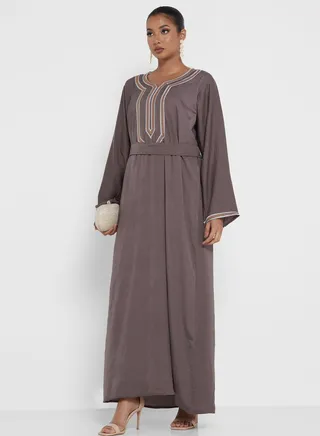 Embroidered Belted Jalabiya 