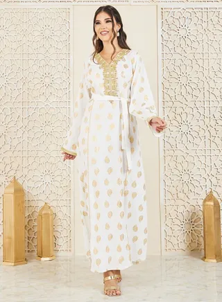Foil Print Embroidered Neck Jalabiya with Self Tie Up 