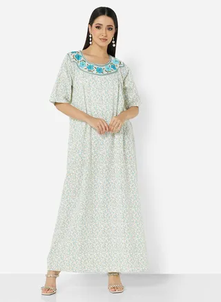 FLORAL PRINTED JALABIYA WITH UNIQUE THREAD EMBROIDERY 