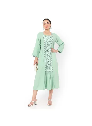 SHORT LIGHT GREEN COLOUR CASUAL STYLE PRINTED ARABIC KAFTAN JALABIYA DRESS 