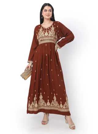 MODEST THICK EMBRODERED WITH LONG SLEEVES AND BELT LIGHT BROWN HIGH QUALITY STYLISH ARABIC KAFTAN JALABIYA DRESS 