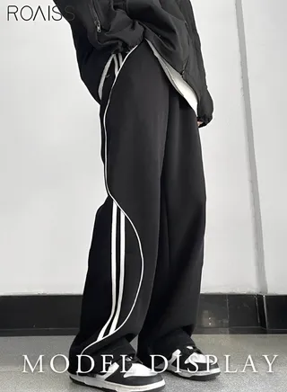 Men's Casual Loose Striped Sports Pants Fashion Versatile Running Wide Leg Pants Ankle Can Be Tightened With Elastic Waist Design Casual Pants 