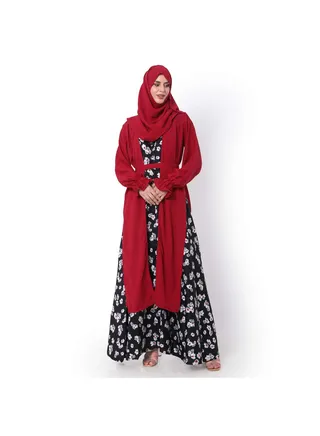 MODEST PRINTED DRESS WITH SOLID COLOUR LONG JACKET AND BELT STYLISH ARABIC KAFTAN JALABIYA 