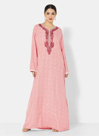 FLORAL PRINTED JALABIYA WITH UNIQUE THREAD EMBROIDERY 