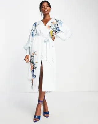 ASOS EDITION satin belted midi dress with floral embroidery in pale blue
