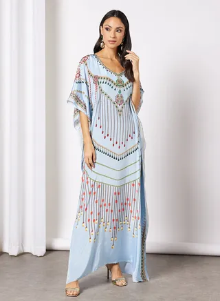 Rhinestone Embellished Jalabiya Aqua 