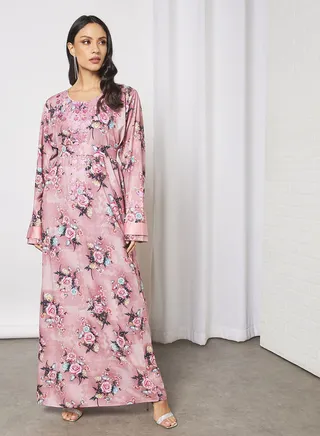 Floral Jalabiya With Abstract Embroidery In Front And Wrist With Belt 