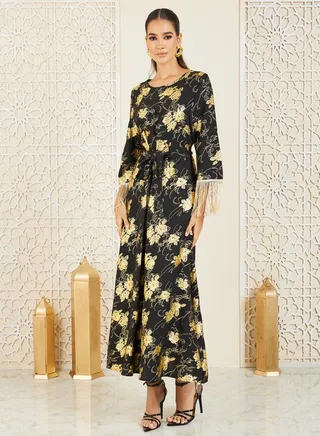 Floral Foil Print Tassel Trim Self Tie Jalabiya 
