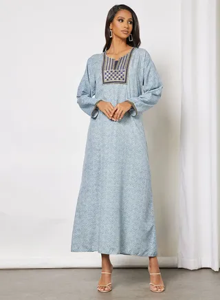 All-Over Printed Long Sleeve Cotton Jalabiya 