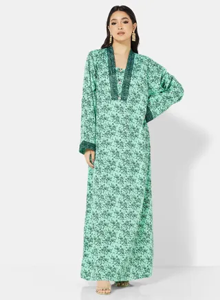 FLORAL PRINTED JALABIYA WITH UNIQUE THREAD EMBROIDERY 
